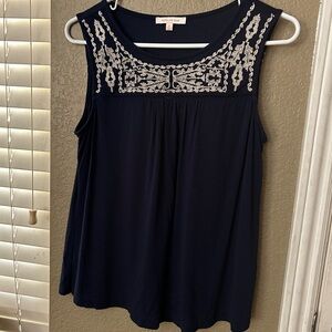 Skies Are Blue Dark Blue Embroidered Blouse